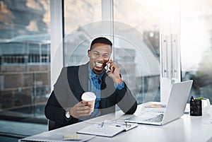 Black man, laughing and phone call with coffee for funny joke, discussion or communication at office. Happy businessman