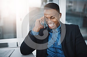 Black man, laughing and relax with phone call for funny joke, discussion or communication at office. Happy businessman
