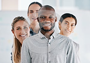 Black man leader, teamwork portrait and collaboration, company vision and happy staff. Business people group, diversity