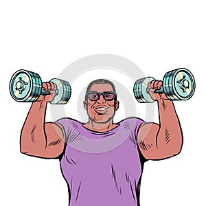 a black man lifts dumbbells, sports and health, morning exercises. Businessman daily routine