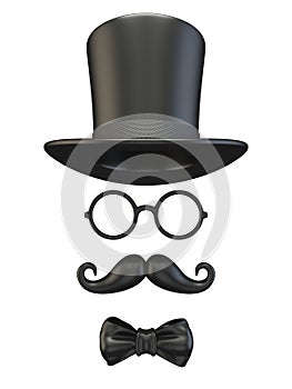 Black man mask with cylinder, glasses, mustache and bow tie 3D