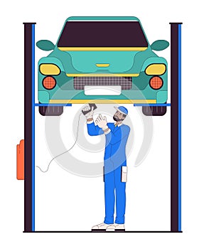 Black man mechanic repairing car on elevator line cartoon flat illustration