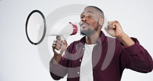Black man, megaphone and shouting for protest, studio and fist for power, speech and promotion by white background