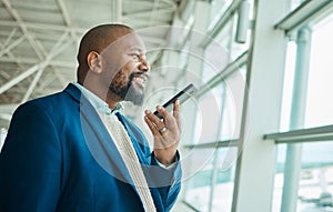 Black man, phone call and communication at airport window for business travel or trip waiting for flight. African