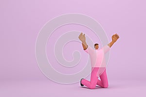 The black man with pink clothes.   He is kneel rejoicing.   3d rendering of cartoon character in acting