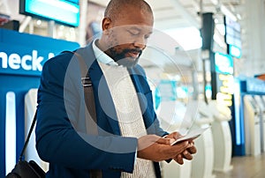 Black man, plane ticket check and document with international airport information for travel. Flight data, businessman
