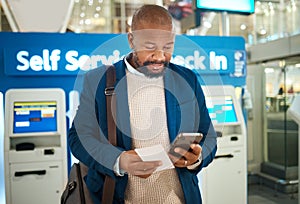 Black man, plane ticket self check in and phone app with international airport information for travel. Flight data