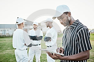 Black man, planning or baseball coach with a strategy, training working or softball game field formation. Teamwork