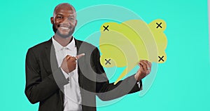 Black man, pointing at speech bubble and dialogue, business communication and tracking marker on blue background. Mockup