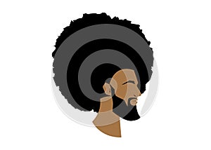 Black man portrait with afro curly design, Barber shop and hairstyle. Healthy sporty young black man with beard and mustache photo