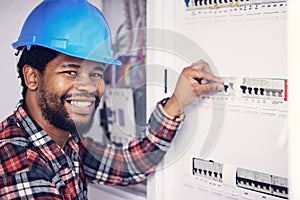 Black man in portrait, electrician and electricity fuse box, check power supply with maintenance on main circuit breaker