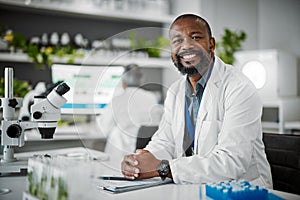 Black man, portrait or science laboratory for medical research, gmo studying or healthcare for genetic engineering