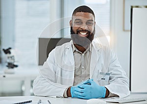 Black man, portrait and scientist smile in lab for future innovation, medical research and physics investigation. Happy