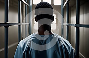 Black man in a prison jail in front of iron bars.