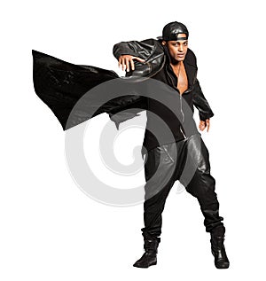 Black man rock leather style isolated on white. Motion mantle. PNG available