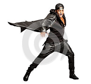 Black man rock leather style isolated on white. Motion mantle. PNG available photo