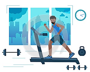 Black Man running on motorized treadmill in gym with the city background in the window.