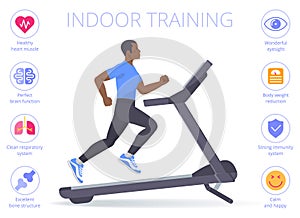 Black man is running on the treadmill. Flat vector illustration.