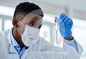 Black man, scientist and mask or test tube for research, chemical liquid and vaccine in container. Gloves, doctor and