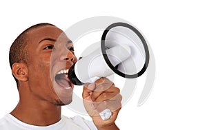 Black man shouting through megaphone photo