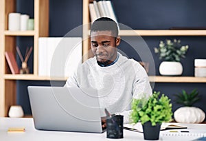 Black man, smile and laptop in office for web design, digital project or social media communication. Business person