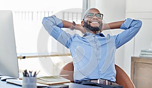 Black man, stretching and thinking with smile in office during break, resting or relaxing and notes on table. Business