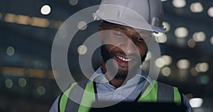 Black man, tablet and construction engineer at building or night deadline, architecture or project. Male person, hardhat