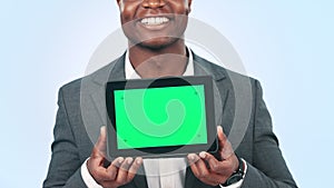Black man, tablet and green screen, presentation for business ads and digital information on blue background. Tracking