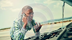 Black man, talk and phone call for car problem on road, app and roadside assistance for auto service. Person, battery