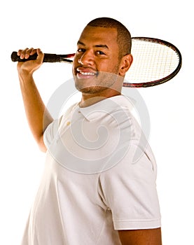 Black Man Tennis Racket Behind Head Smiling