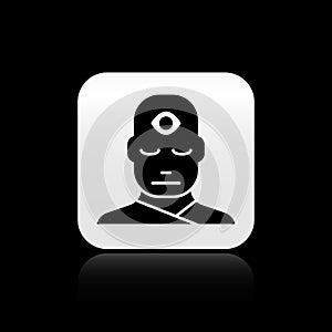 Black Man with third eye icon isolated on black background. The concept of meditation, vision of energy, aura. Silver