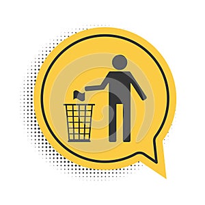 Black Man throwing trash into dust bin icon isolated on white background. Recycle symbol. Yellow speech bubble symbol