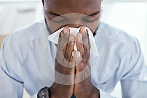 Black man, tissue and blowing nose in the office with allergies, sickness and virus. Business employee, face and