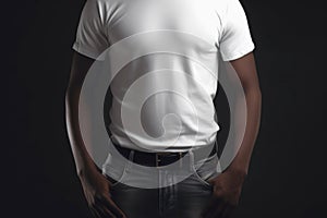 Black Man wearing white t-shirt and jeans. Image of the torso of a man without a head