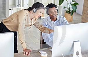 Black man, woman or call center computer training in crm consulting office, b2b telemarketing sales company or contact