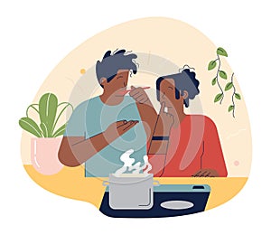 Black man and woman, couple cooking together. Husband and wife