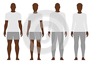 Black man and woman dressed in long and short sleeve shirts, panties and shorts, vector illustration