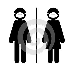 Black man and woman icon with face mask and dividing wall