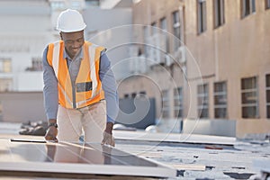 Black man working, engineer and solar panel electrician with sustainable installation outdoor. Businessman, renewable