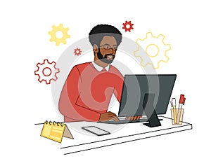 A black man working at a table with a computer in home clothes, with a cactus and a cat. Vector illustration in flat