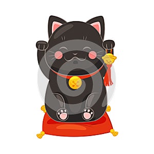 Black Maneki-neko Cat with Raised Right Paw Ringing Bell as Ceramic Japanese Figurine Bringing Good Luck Vector