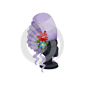 Mannequin female head with purple wig decorated with flowers. Hairstyle of renaissance period. Flat vector icon