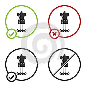 Black Mannequin icon isolated on white background. Tailor dummy. Circle button. Vector