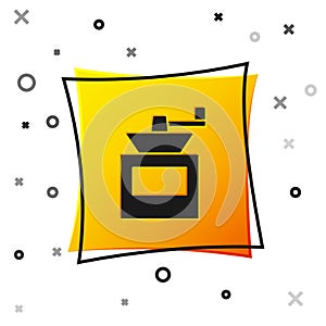 Black Manual coffee grinder icon isolated on white background. Yellow square button. Vector