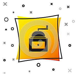 Black Manual coffee grinder icon isolated on white background. Yellow square button. Vector