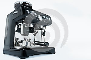 Black manual coffee maker with grinder on a white background, side view