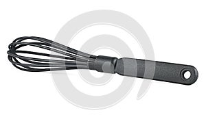 Black manual hand egg beater isolated on white background. Black kitchen whisk