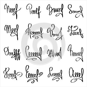 Black manual signature for documents isolated on white background. Hand drawn collection of signatures fictitious Autograph art