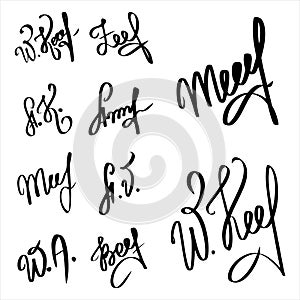 Black manual signature for documents isolated on white background. Hand drawn collection of signatures fictitious Autograph art