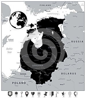 Black Map of the Baltic States and Flat Map Pointers